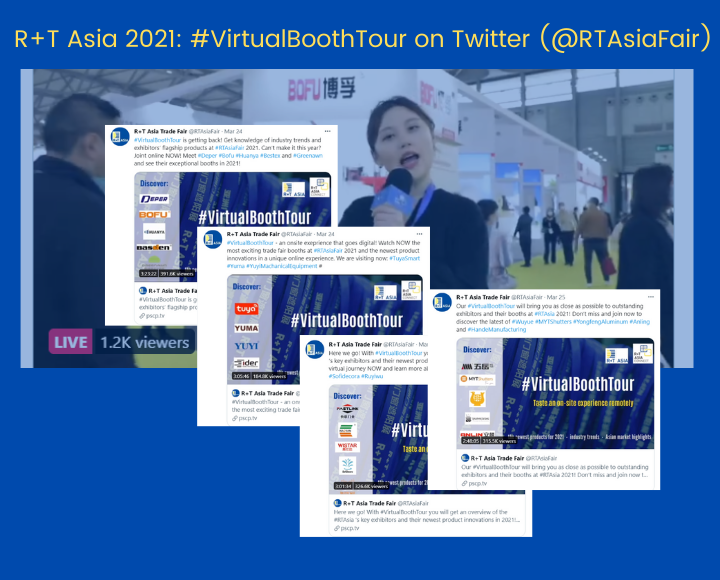 The presenter visits the booths at R+T Asia during the virtual booth tour and the screenshots of the webcasts on #RTAsiaFair on Twitter