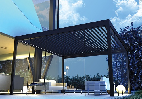 Luxury pergola with folding aluminium panels and transparent polycarbonate and methacrylate panels