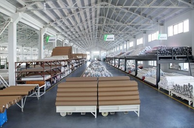 warehouse with textiles and fabrics for blinds and pleated blinds